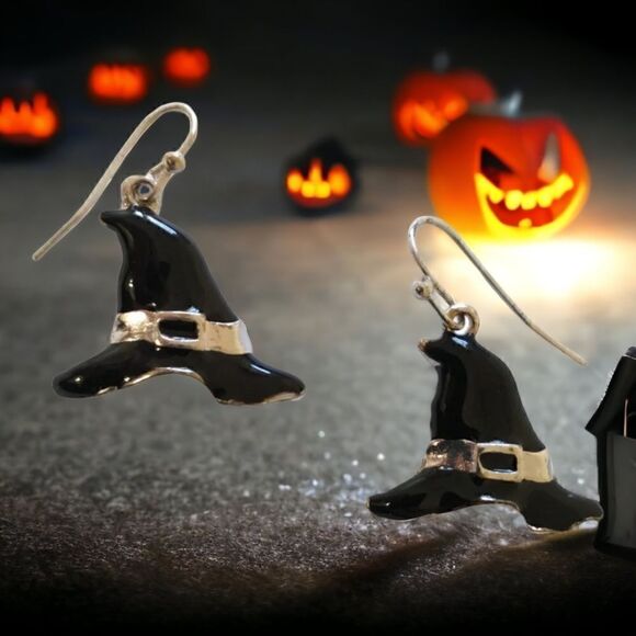 Halloween Earrings Dangle Silver Tone Black Enameled Witch Hat Witchy Witchcore. - Picture 14 of 16